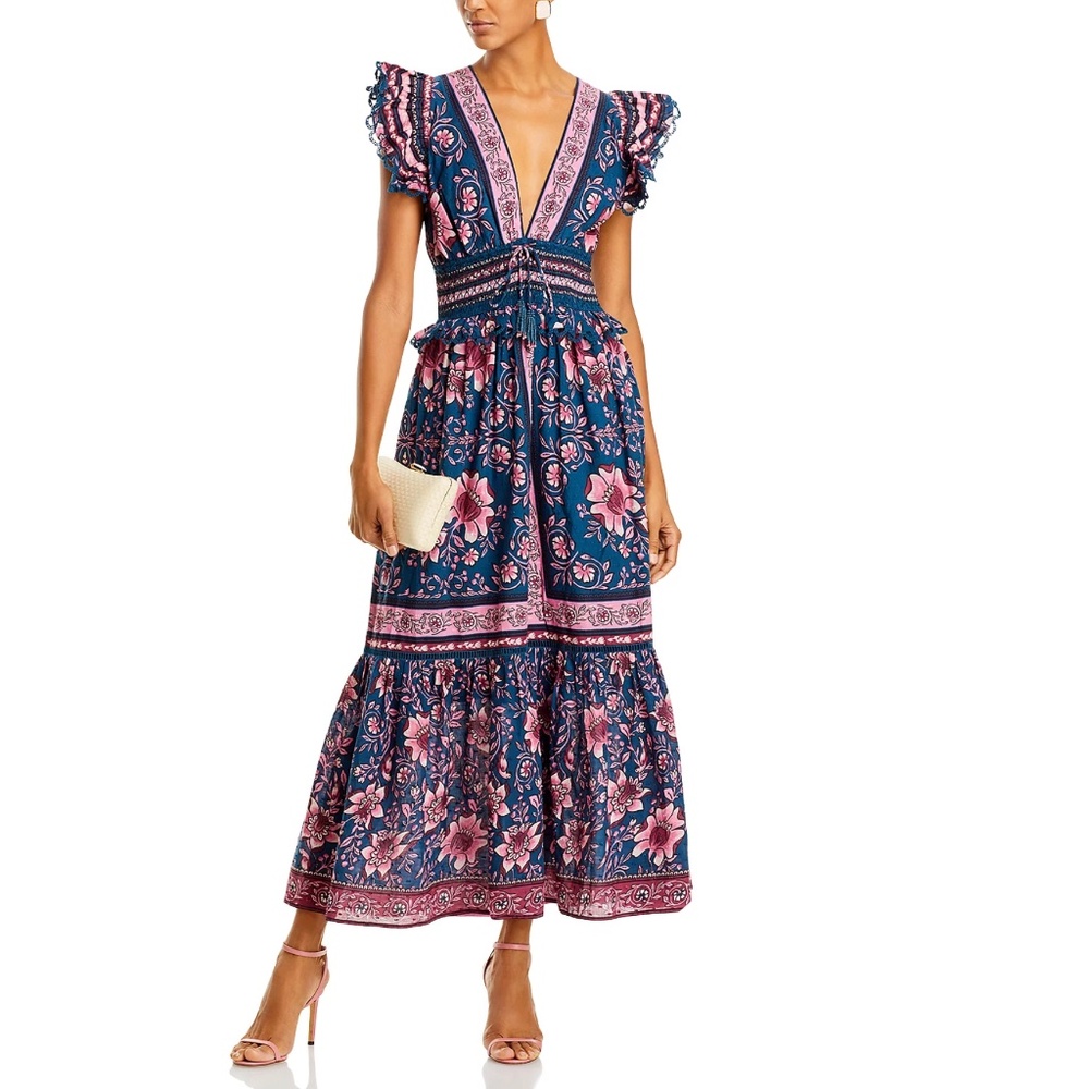 NWT $280 FARM Rio Anika Cotton Printed Charm Teal Midi Dress, size Large! - Picture 3 of 11